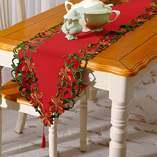 Tatuo Weihnachten Tischläufer 38 x 178 cm Rote Bestickte Blumen Blätter | Bestickte Weihnachtsläufer, Tischdeko für Winter Fest, Weihnachtsdecken Tischband