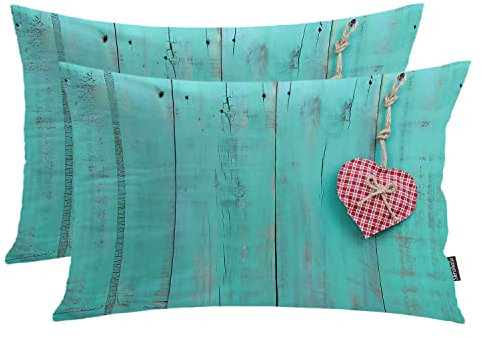 Shrahala Holzherzen Liebe Kissenbezüge, Rustikales Rot Kariertes Seil Antik Holz Lendenkissen Bezug Dekorative Mischung Keine Einsätze für Schlafzimmer Sofa Wohnzimmer 2er Set (26 x 20 Zoll)