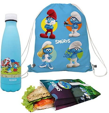 Nerthus FIH 1080 Set Rucksack + Sandwich Tasche + Doppelwand Flasche Dorf Schlümpfe