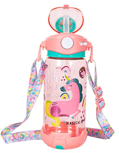 YOYTOO Kids Water Bottle with Straw & Strap for School Kids Girls Boys, 22oz BPA Free Child Drinking Water Bottle One-Click-Open Leak-Proof Locking Flip Lid for Back to School Sport Travel