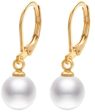 Vissen Perlen Ohrringe HäNgend Damen Vergoldet Leverback Mit 8mm Klein WeißE Perle AnhäNger Modeschmuck Ohrringe Geschenk