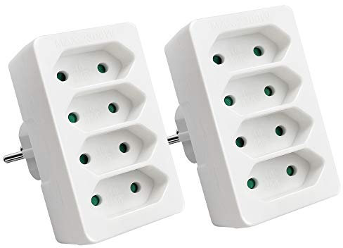 EXTRASTAR 4 en 1 Adaptador Plano con 4 Enchufes Schuko, 4 Tomas Adaptador, Hasta Carge 2300W, 10A, 250V, Blanco, 2 pcs