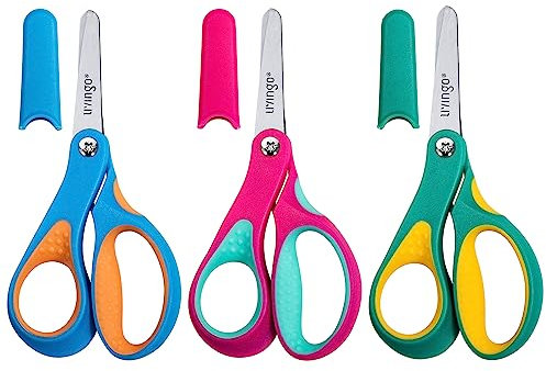 LIVINGO Kids Scissors Left Handed: 5 Inch Round Tip Stainless Steel Safety School Craft Scissors - Soft Rubber Grip with Safety Cover - DIY Stationary Supplies for Children's
