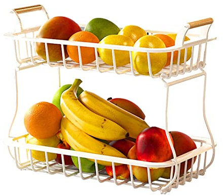 BestAlice Cesta de Almacenamiento de Frutas de 2 Niveles para Encimera de Cocina, Cestas de Pan, Frutero, Soporte para Verduras con Mango de Madera, Cesta de Alambre de Metal Desmontable(Blanco)