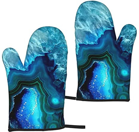 Heat Resistant Oven Gloves Sets Of 2 - Bright Aqua Blue Turquoise Printed Kitchen Non-Slip Microwave Oven Mitts 1 Pair For Baking Cooking Bbq