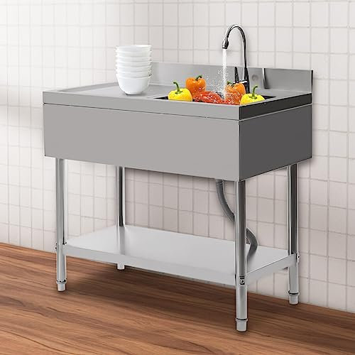 Freistehende Edelstahl Küchenspüle 1 Becken mit Wasserhahn Gastrospüle Restaurant Küche Bar Abtropffläche Freistehend Untere Ablage Spültisch 100 x 60 x 80cm