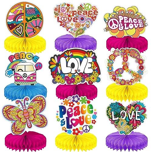 Qpout 9 Stück Groovy Hippie Boho Party Honeycomb Tafelaufsätze Batik Party Tischaufsatz Honeycomb Hippie Retro Blume Regenbogen Gänseblümchen Frieden für 60er 70er Jahre Hippie Dekorationen