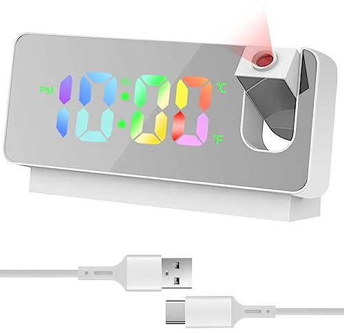 Molbory Wecker mit Projektion: Projektionswecker 180° Drehbar Digital Wecker mit Projektion Temperaturanzeige 7 LED Spiegelbildschirm 12/24H USB Betrieben Digitaler Wecker