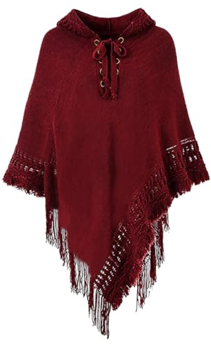 Rayson Poncho Damen Elegant Warm Winter mit Kapuze Solid Color Strick Ponchos Capes für Damen mit Fringes Poncho Schal Damen Gestrickt Verstellbarer Kragen(Burgunderrot,One Size)
