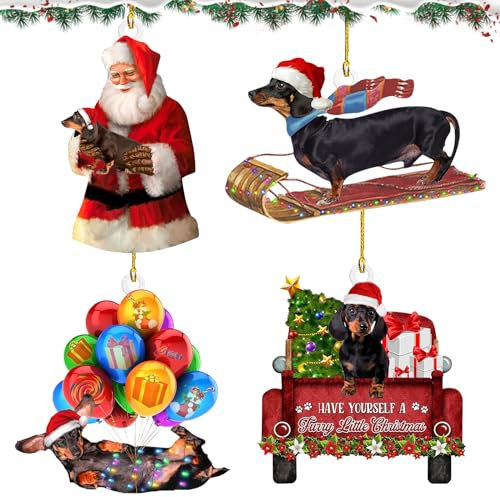 Weihnachtsbaumschmuck, Christbaumschmuck, 6 Stück Dackel Weihnachtsanhänger mit Doppelseitiger, Dackel Hängender Acryl, Weihnachtsdeko zum Aufhängen, Weihnachtsdekoration, Weihnachten Ornamente (A)