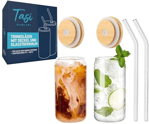 TaSi Trinkgläser mit Deckel und Glasstrohhalm 480ml (2er-Set) Nachhaltige Gläser für Iced Coffee, Proteinshake & Cocktails Wiederverwendbar & Elegant