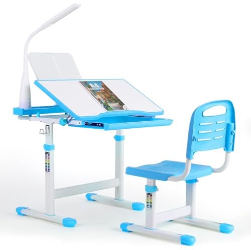 MAMIZO Kinderschreibtisch und Stuhl Set, Höhenverstellbarer Kinder Schreibtisch und Stuhl Set, Schülerschreibtisch, Jugendschreibtisch Multifunktionaler, Lampe und LesestäNder (Blau)