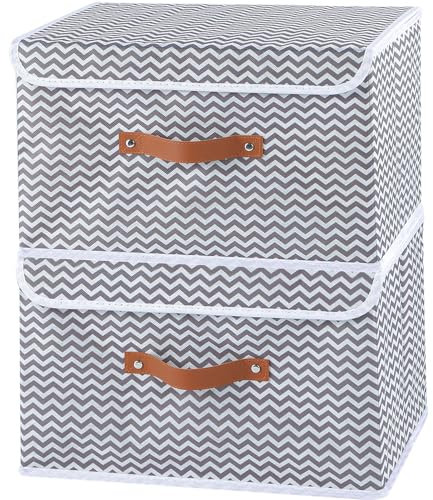 OUTBROS Storage Bins with Lids, Fabric Boxes with Artificial Leather Handles, Foldable Cube Cabinet Basket, 44 X 29 X 30 cm, Wave Pattern, 2-Pack