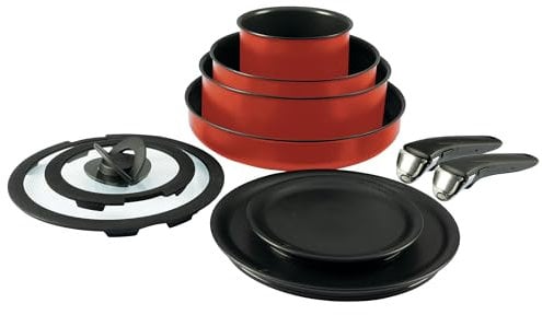 T-fal Ingenio Nonstick Cookware Set 10 Piece, Induction, Oven Broiler Safe 500F, Cookware, Pots and Pans, RV, Camping, Oven, Broil, Dishwasher Safe, Detachable Handle, Red