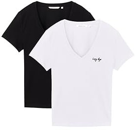 TOM TAILOR Denim Damen 1044819 Basic T-Shirt im Doppelpack, 14482-Deep Black, XXL