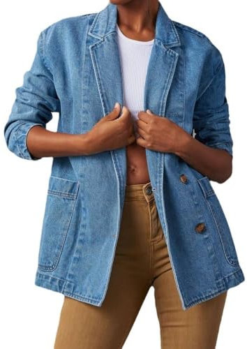 LAPOOH Blazer in Denim Giacca in Denim da Donna, Colletto con Revers Classico Casual da Lavoro Ampio, Giacche di Jeans A Maniche Lunghe con Bottoni, Giacca di Transizione Leggera Vintage, L