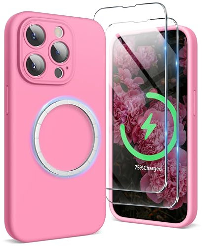 SURPHY Magnetic Case for iPhone 15 Pro Case with Screen Protector, Liquid Silicone Anti-Scratch Compatible with MagSafe Gel Rubber Phone Case for iPhone 15 Pro 6.1 inch (Peach Pink)
