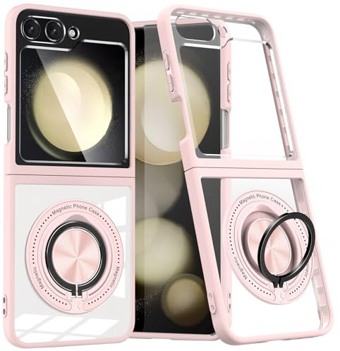 Kainevy for Samsung Z Flip 5 Case Clear Magnetic [Compatible with MagSafe] with Hidden Stand Ring Phone Cover Samsung Galaxy Z Flip 5 Case Military Grade Shockproof Protective Transparent (Pink)