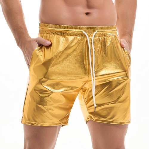 Amy Coulee Metall Shorts Herren Glänzend Nachtclub Disco Party Glänzend Kurze Hose (Gold, S)