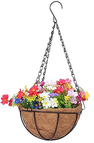 PRETYZOOM Cesta Colgante De Flores Artificiales Diseño De Margaritas Decoración De Hierro para Interiores y Exteriores Tamaño Mediano Adecuado para Hogar y Jardín para Cumpleaños y Inauguraciones