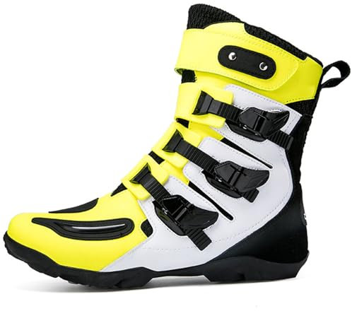 DJFOG Stivali da moto alti per unisex, stivali protettivi impermeabili in pelle microfibra da cross, comodi stivali da motocross traspiranti,Giallo,44