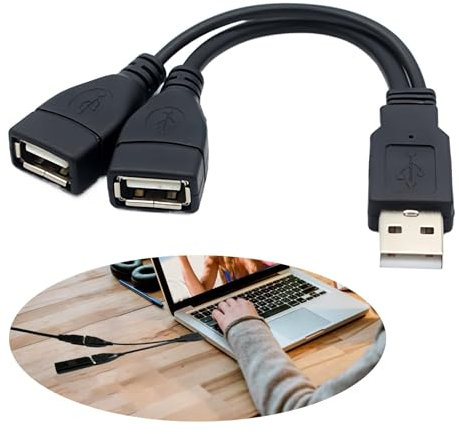 Dual USB Female to USB Male Cable - Charge & Sync Extender for Laptop, Tablet, Phone - Y Splitter Power Cord Adapter - Mobile Device Extension, Double Port Converter (Black-15cm)