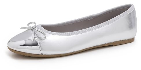 Feversole Damen Klasssische Ballerinas Lack Balerinaschuhe Flach Damenschuhe Silber Zehenkappe EU 41