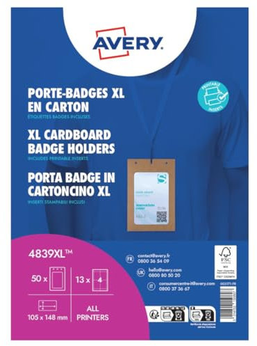 Avery Italia 4839XL - 50 porta badge in cartoncino grande formato A6, 52 inserti in carta certificata FSC® inclusi stampabili laser e inkjet