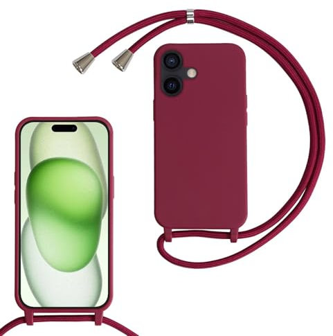 MBSLFY Lanyard Case for iPhone 16, Liquid Silicone Protective Phone Case with Strap Adjustable Neck Cord Necklace Soft Cover for iPhone 16, Red