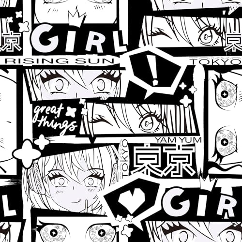 Livelynine Papier peint animé noir et blanc à décoller et à coller sur toile de dessin animé japonais, papier peint graffiti, film adhésif en vinyle pour décoration murale de dortoir, 44 x 200 cm