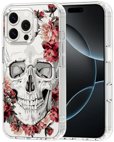 MOSNOVO Case for iPhone 16 Pro Max, [Buffertech 6.6ft Military-Grade Drop Protection] [Anti Peel Off Tech] Clear TPU Bumper Phone Case Cover Design - Red Flower Skull