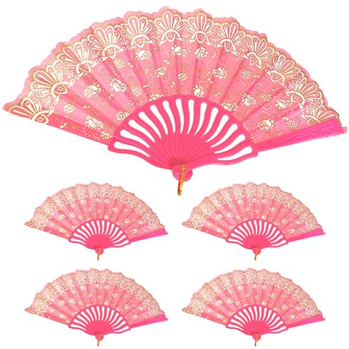 Hosiwei Spanish Folding Fan, 5 PCS Traditional Retro Handheld Fans Lace Rose Floral Elegant Hand Fan for Weddings Dancing Cosplay Parties (5 PCS Pure Pink)