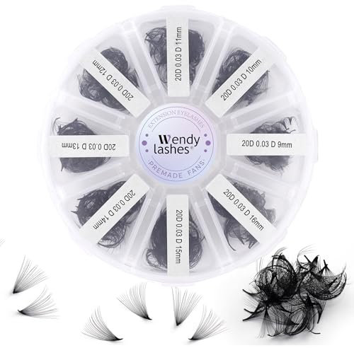 Premade Fans Eyelash Extension 20D D Curl 0.03mm 500 Fans 9-16mm Mixed Pre Made Fans Thin Base Russian Lash Extensions Pro Made Loose Lash Fans(500-20D-0.03-D-916)