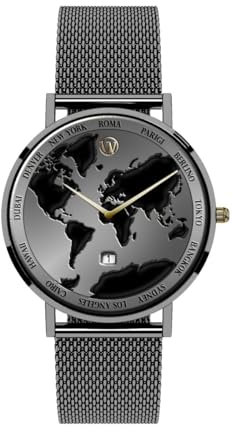 Woodstock Zambon® Umbral Journey Armbanduhr, wasserdicht, 40 mm, Weltkarten-Design, Quarzuhrwerk, verstellbares Armband, Eleganz, für Reisende, Schwarz , Minimalistisch