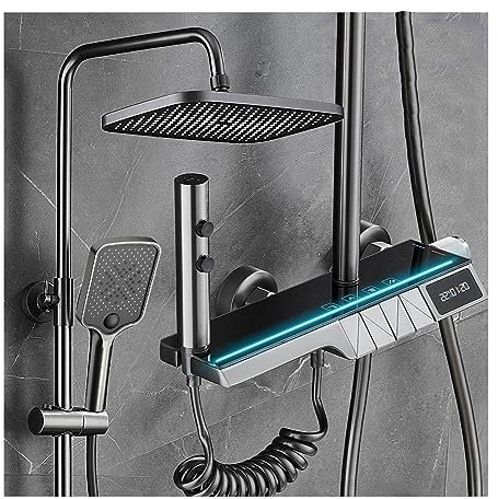Sistema doccia termostatico, set rubinetto doccia con display digitale Miscelatore doccia termostatico grigio Kit doccia 4 funzioni con valvola e soffione doccia a pioggia, soffione doccia a mano,