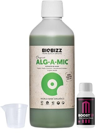 GROWMANIA Alg-A-Mic de BioBizz 250 ml + échantillon Boost Up Nutrients + Verre doseur | Revitalisant organique pour plantes | Idéal pour récupérer le stress dans les petits pots