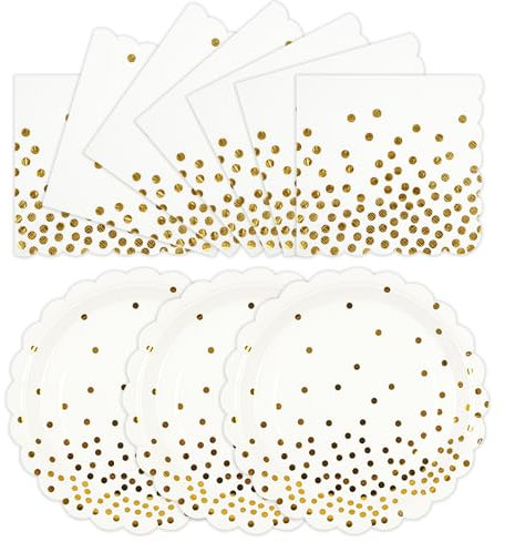 HFBOBP 50PCS White and Gold Paper Plates and Napkins Party Supplies, 7 Inch Scalloped Dot Paper Dessert Cake Plates and Napkins Disposable Tableware Set for Birthday Baby Shower Decorations
