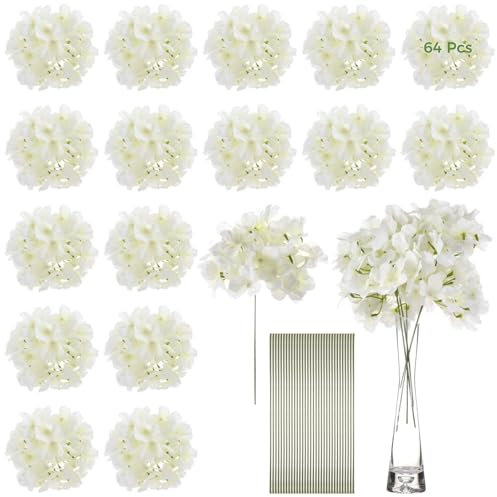 wkao Lot de 64 fleurs d'hortensia en soie, faux hortensias blancs avec tiges pour bouquets, centres de table de mariage, décoration d'allée et arrangements d'événement