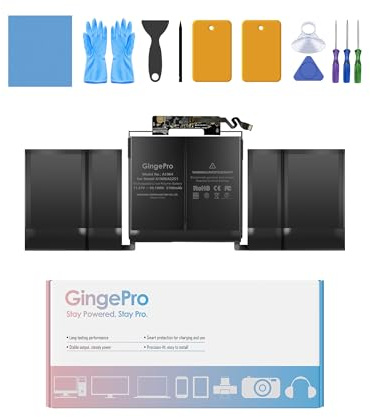 GingePro Replacement Battery for MacBook Pro A2251, 13-Inch, 2020 | Replaces battery: A1964, 11.41 V 5100 mAh 58.19 Wh, up to 1000 cycles, 3 screwdrivers, tool kit, guide