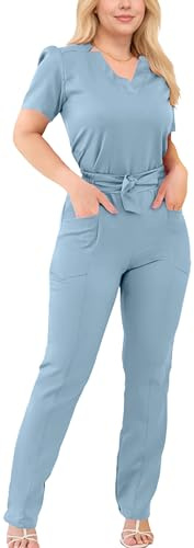 Ensemble de blouses pour femmes avec plusieurs poches Uniforme médical élégant avec nœuds Tuniques à enfiler Pantalons Ensemble de tenues de soins Esthéticienne Infirmière Médecin Cosmétique-SPA