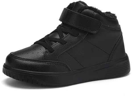 Yadurdu Boys Girls All Black Snow Boots Kids Outdoor Walking Fur Lined Warm Anti-Slip Winter Shoes Big Kid Size 4