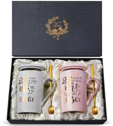 25 Años de Matrimonio Regalos - Bodas de Plata, Ideas para el 25º Aniversario Regalo para Pareja, Padres y Amigos, Tazas de Café de Cerámica de 414ml con Tapas, Cucharillas y Elegante Caja de Regalo