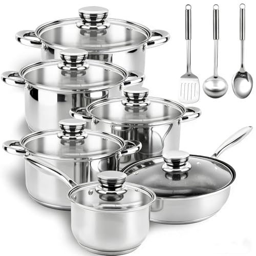 Colourcoco Saucepan Set Cookware Stainless Steel - 15-Piece Pots and Pans Set with 5-layer Base for Quick Even Heating, Non Stick-Free Cookware, Induction Pan Set Oven Safe with Stay-Cool Handle