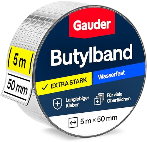 GAUDER Butylband wasserdicht selbstklebend - Butyl Dichtband für Dachrinne - Dichtungsband und Reparaturband mit Aluminiumfolie für Regenrinne, Dach und Wohnwagen (50 mm x 5 m)