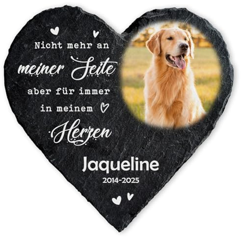 GRAVURZEILE Bedrucktes Schieferherz - Tierfoto - Personalisiert mit Name, Foto & Datum - Grabtafel aus Naturschiefer in Herzform - 20 x 20 cm - Grabschmuck für Urnengrab & Gedenkort