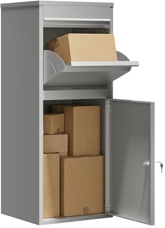 Wiltec Paketkasten grau 410 x 380 x 1020 mm Paketbox aus Stahl mit Pulverbeschichtung abschließbarer Standbriefkasten für Paketannahme zu Hause Zustellung von Paket, Post, Brief