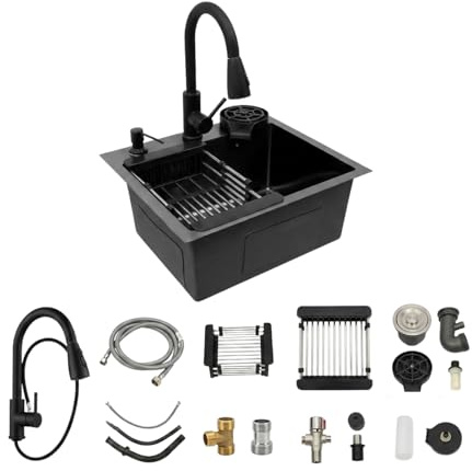 LENJKYYO Évier Cuisine 1 Bac Inox Noir Évier Multifonction Robinet Extractible Douchette Évier Cuisine Avec Égouttoir Rince-Tasses Distributeur De Savon