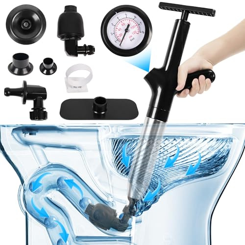 Mahiot Abflussreiniger Pumpe mit Luftdruckanzeige, Druckluft-Rohrreiniger mit 4 Saugnäpfen, Pressluft Rohrreiniger für Toiletten, Spüle, Badewanne, Boden, Abfluss