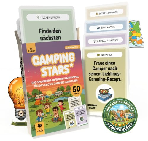 Camping Stars Kartenspiel für Kinder, 50 Karten mit 5 Aufgabenkategorien | Fördert soziale Interaktion, robuste Camping Spiele Karten, Outdoor Spiele für Kinder, Camping Zubehör, Camping Geschenk