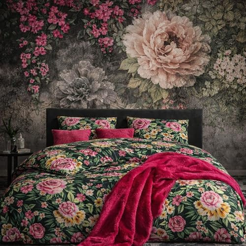 ZIRVEHOME Bettwäsche 135x200 cm 4-teilig Baumwolle Dunkelgrün Bettbezug Florales Blumenmuster in Rosa, Gelb & Grün Garden P1